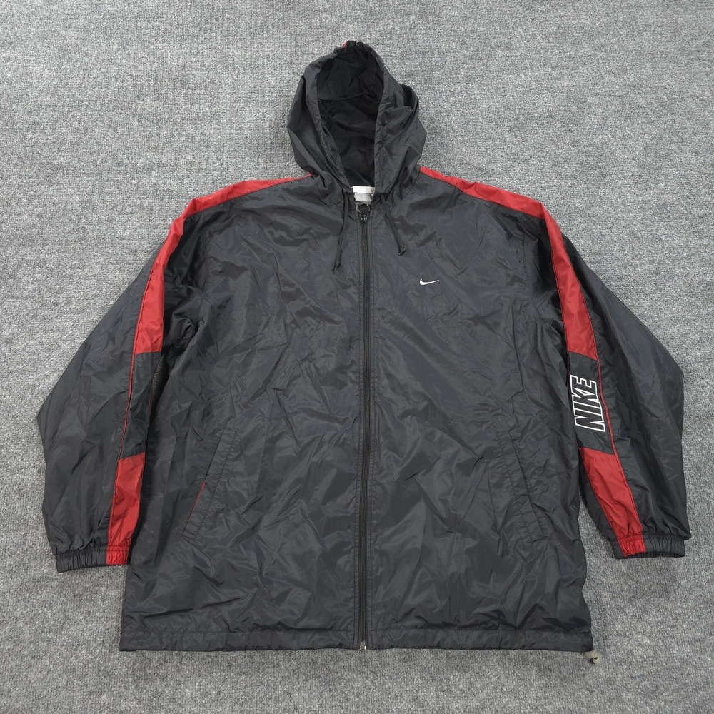 Vintage Nike Jacket Mens XL Black Red Hooded Full Zip Windbreaker Lined Y2K